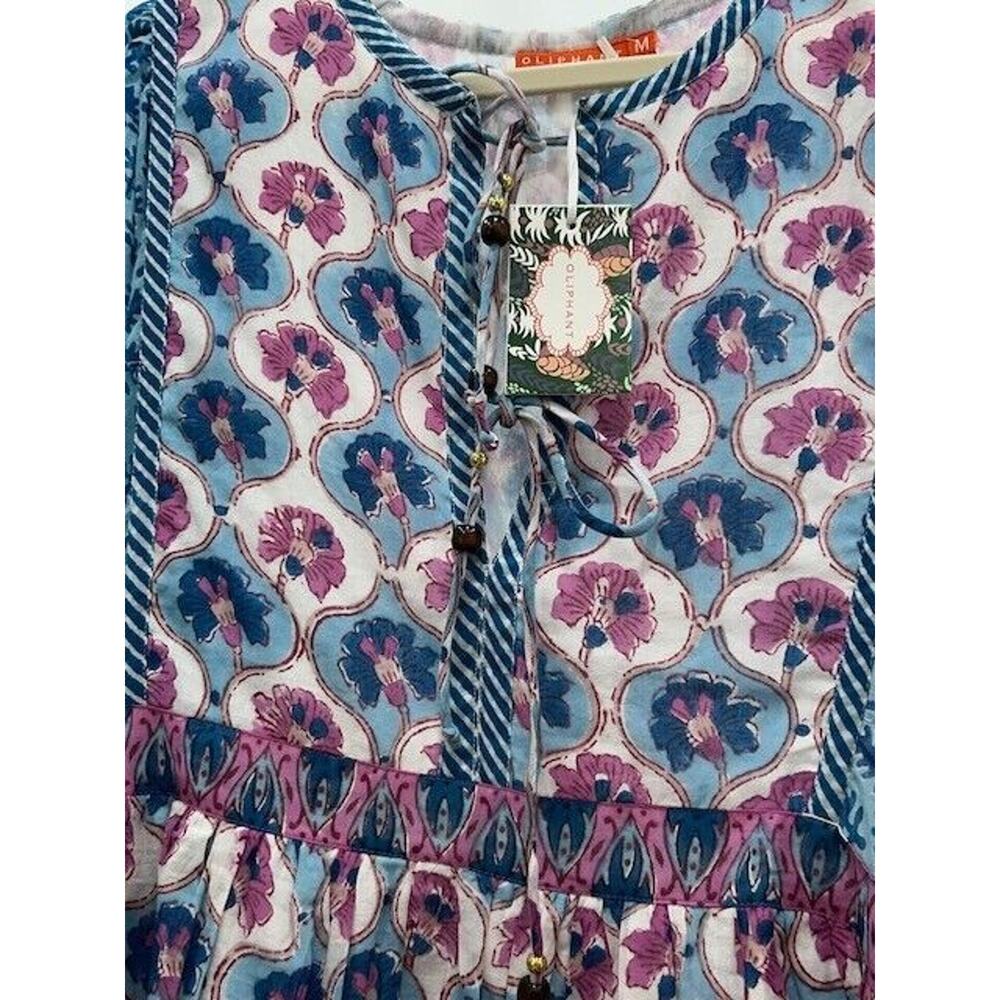 Oliphant Mini Dress Long Balloon Sleeves Tie Front Floral Fern‎ Blue Small NWT - Picture 4 of 12